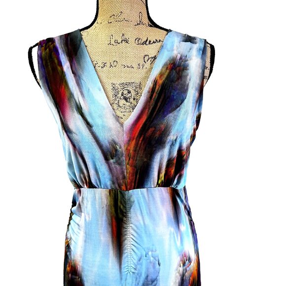 CREOLA Women A-Line Dress Sz 44/8 Multicolor Abstract Print Stretch V-Neck Italy - Picture 3 of 16